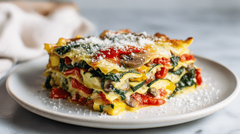 A delicious gordon ramsay vegetable lasagna featuring fresh spinach, zucchini, peppers, and mushrooms.