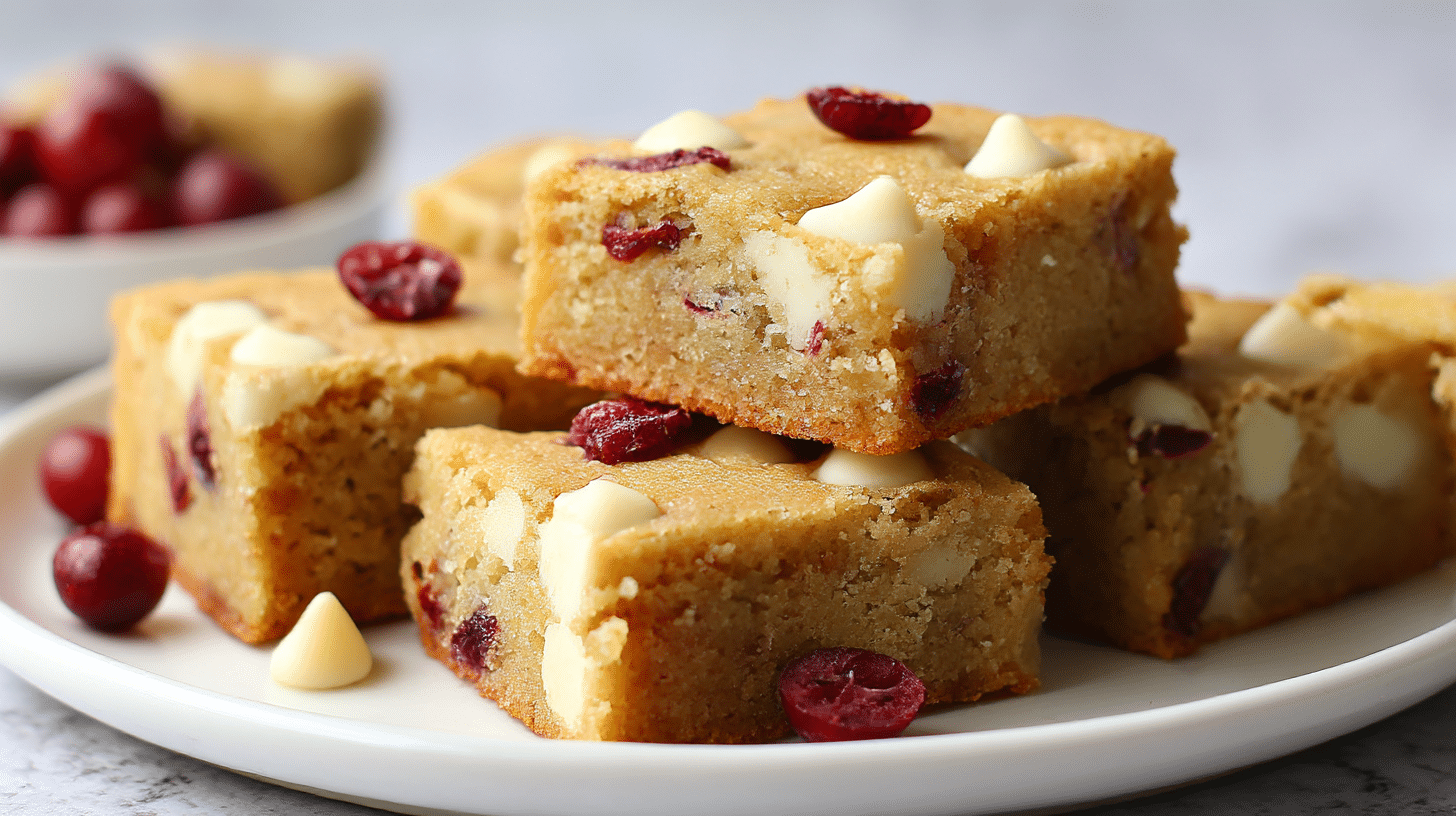 A close-up view of gordon ramsay white chocolate brownies on a white ceramic plate.