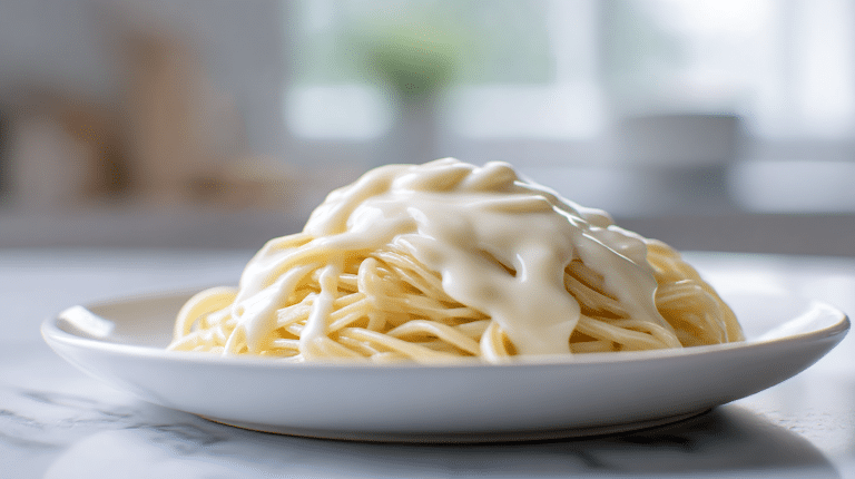 Gordon Ramsay Béchamel Sauce Recipe 11 A close-up view of gordon ramsay bechamel sauce drizzled over pasta.