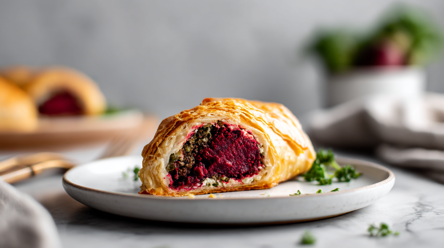 Gordon ramsay beetroot wellington showcasing its vibrant filling and delicate pastry.