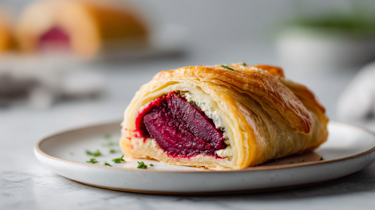 A close-up view of gordon ramsay beetroot wellington with vibrant filling and golden pastry.