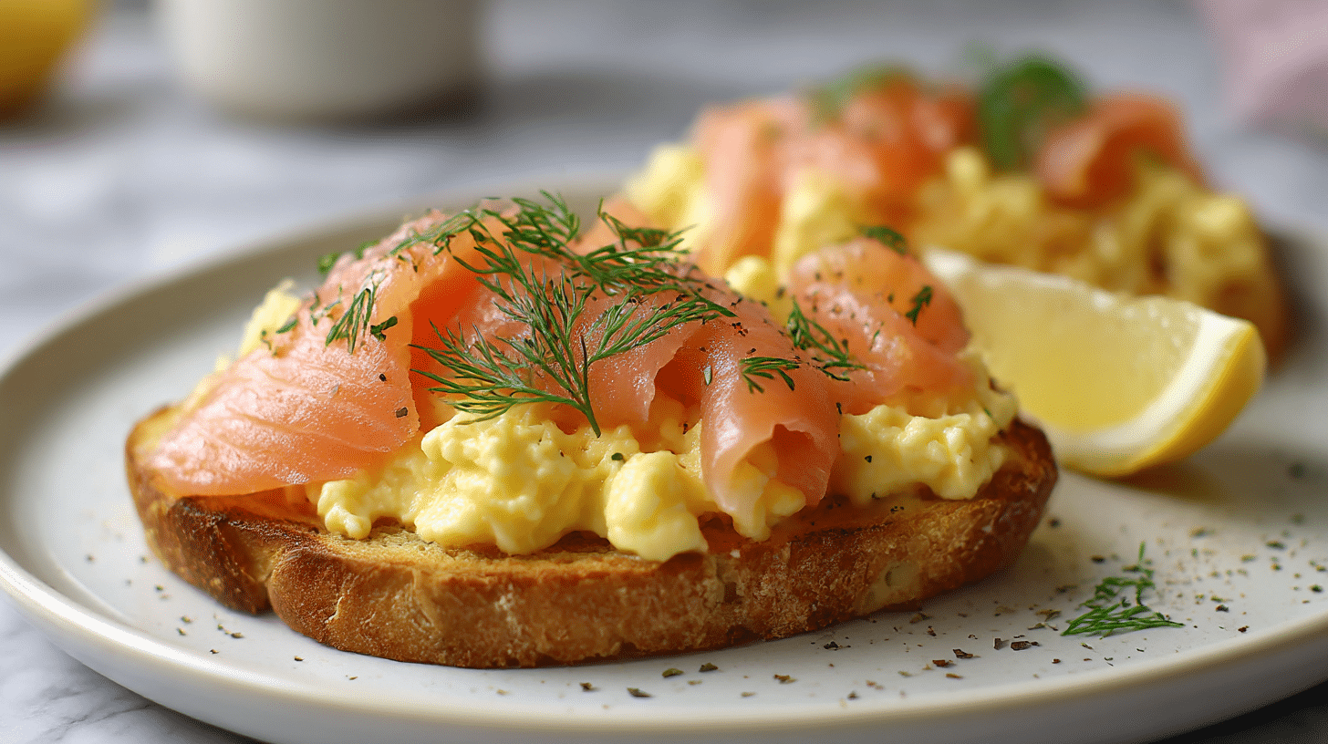 Gordon Ramsay Christmas breakfast salmon dish with eggs and smoked salmon on brioche.