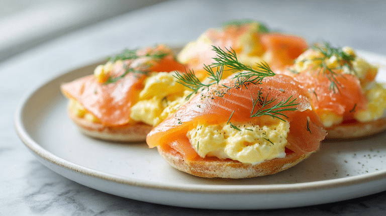 Gordon Ramsay Christmas breakfast salmon served with creamy scrambled eggs and fresh dill.
