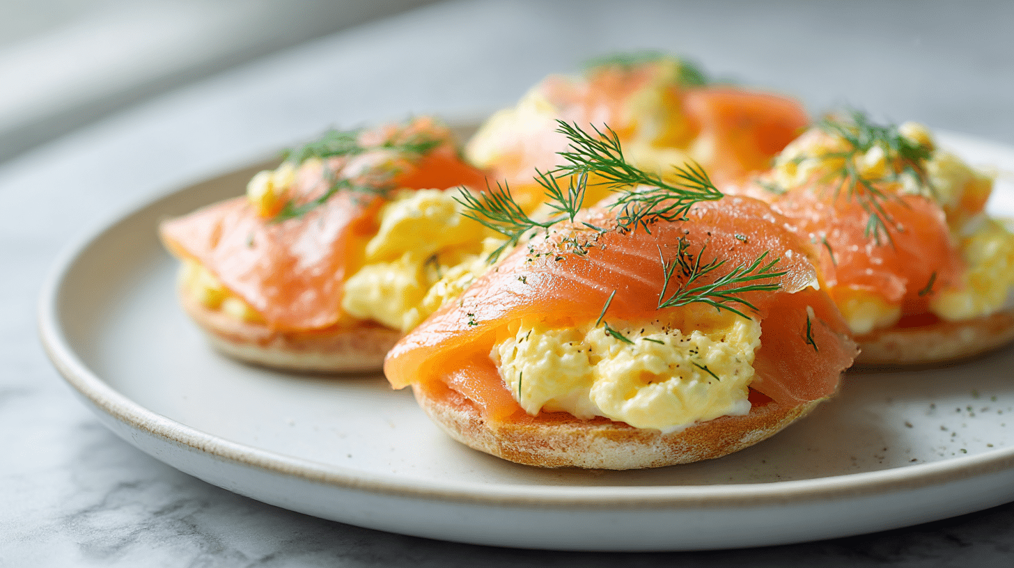 Gordon Ramsay Christmas breakfast salmon served with creamy scrambled eggs and fresh dill.