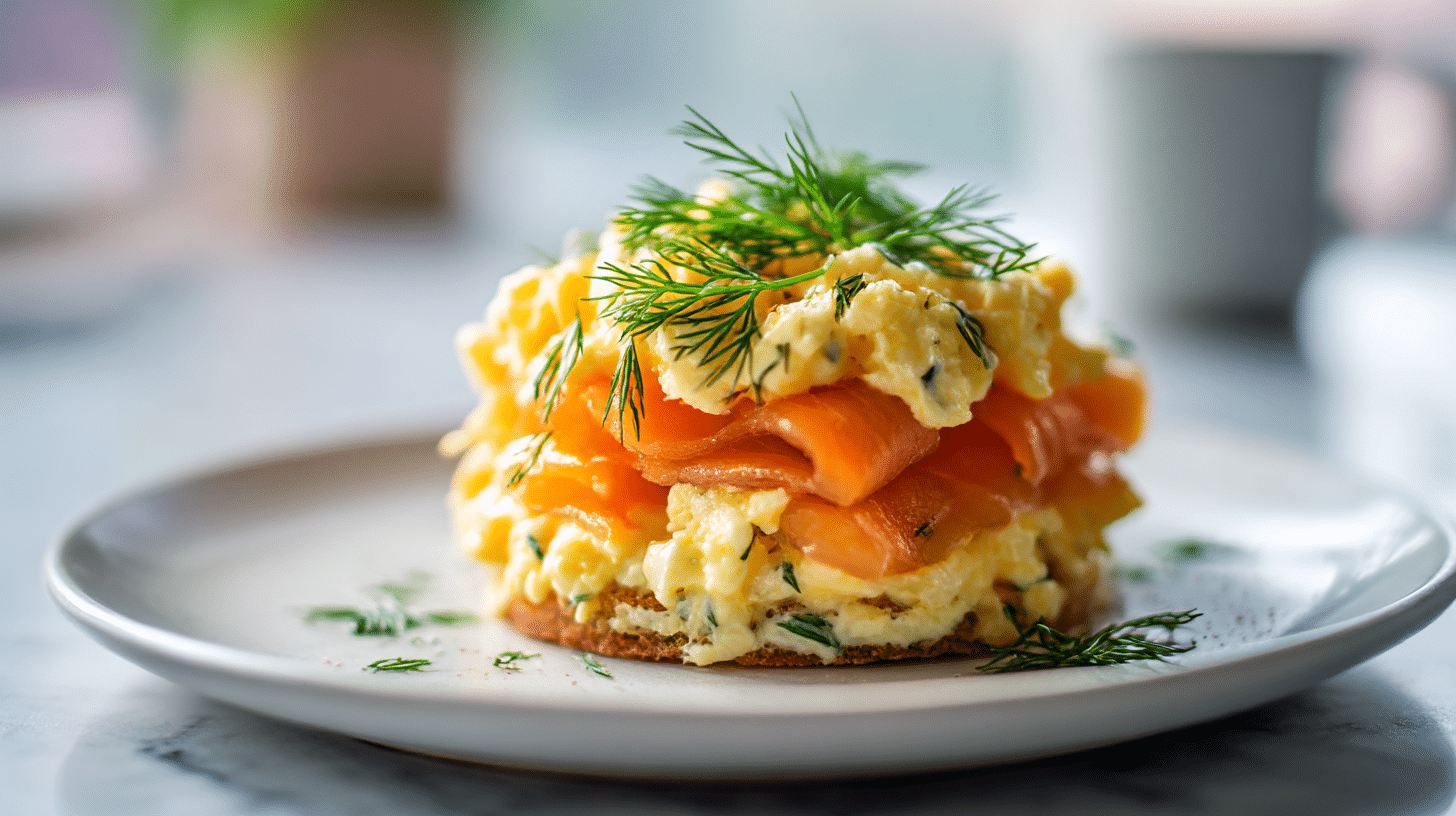 Plate of Gordon Ramsay Christmas breakfast salmon with scrambled eggs and dill.