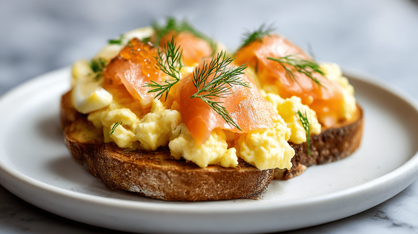 Gordon Ramsay Christmas breakfast salmon featuring buttery toasted brioche, scrambled eggs, and smoked salmon.