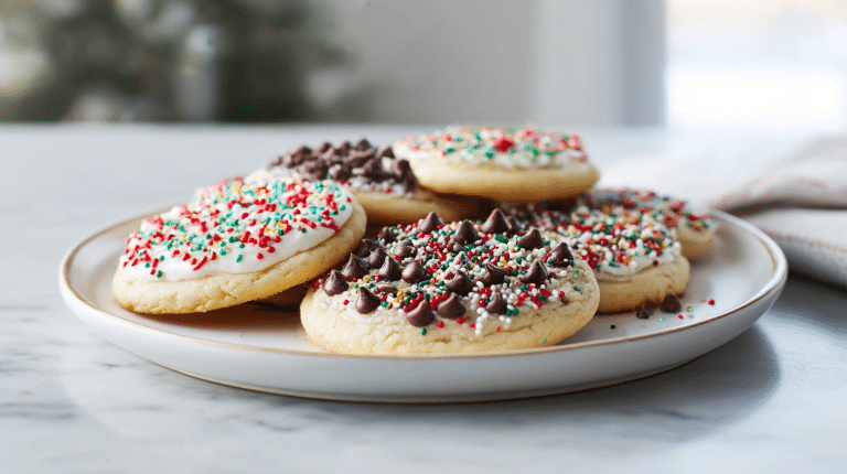 A close-up view of gordon ramsay christmas cookies decorated with colorful sprinkles and chocolate chips.