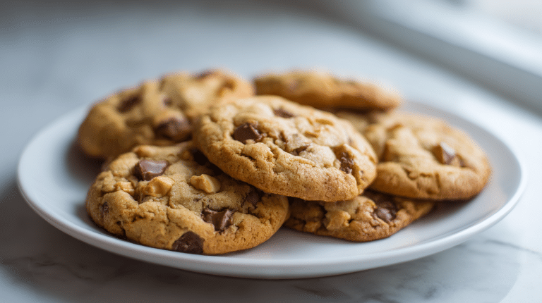 A plate of gordon ramsay cowboy cookies filled with chocolate chips and nuts.
