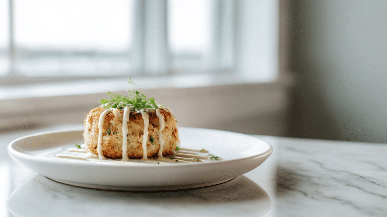 A close-up view of gordon ramsay crab cake showcasing its golden-brown exterior