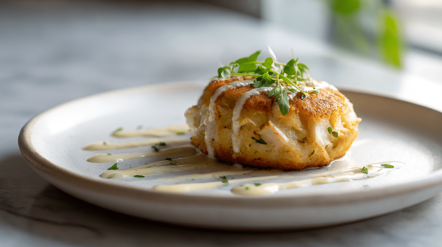 Gordon ramsay crab cake garnished with fresh herbs and creamy sauce