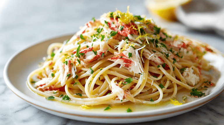 Delicious gordon ramsay crab linguine served with fresh crab meat and herbs