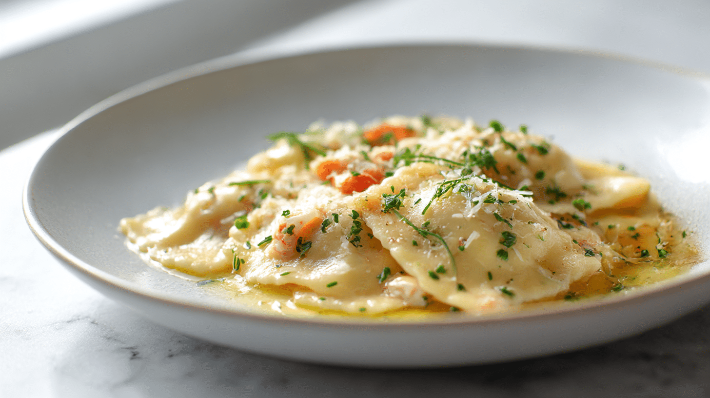 Delicious gordon ramsay crab ravioli showcased on a marble counter.