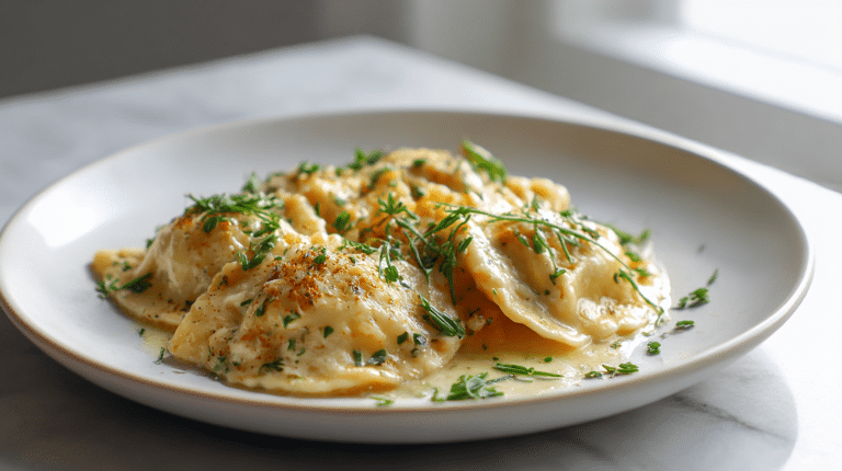 A close-up of gordon ramsay crab ravioli served elegantly on a white plate.