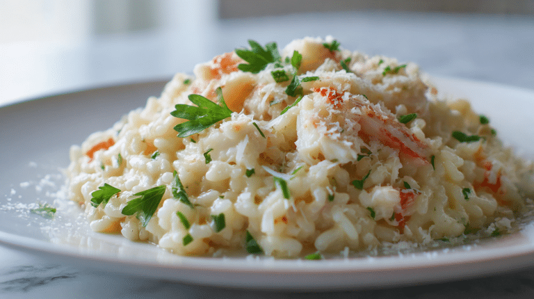 A delicious gordon ramsay crab risotto displayed on a white plate, featuring creamy textures and fresh parsley garnish.