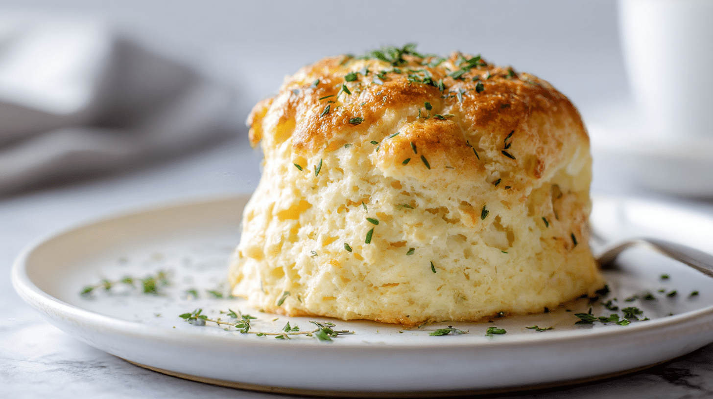 Gordon Ramsay fish soufflé beautifully puffed and garnished with herbs.