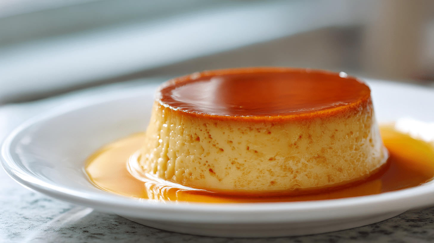 Gordon Ramsay flan served on a white plate, highlighting its smooth texture.