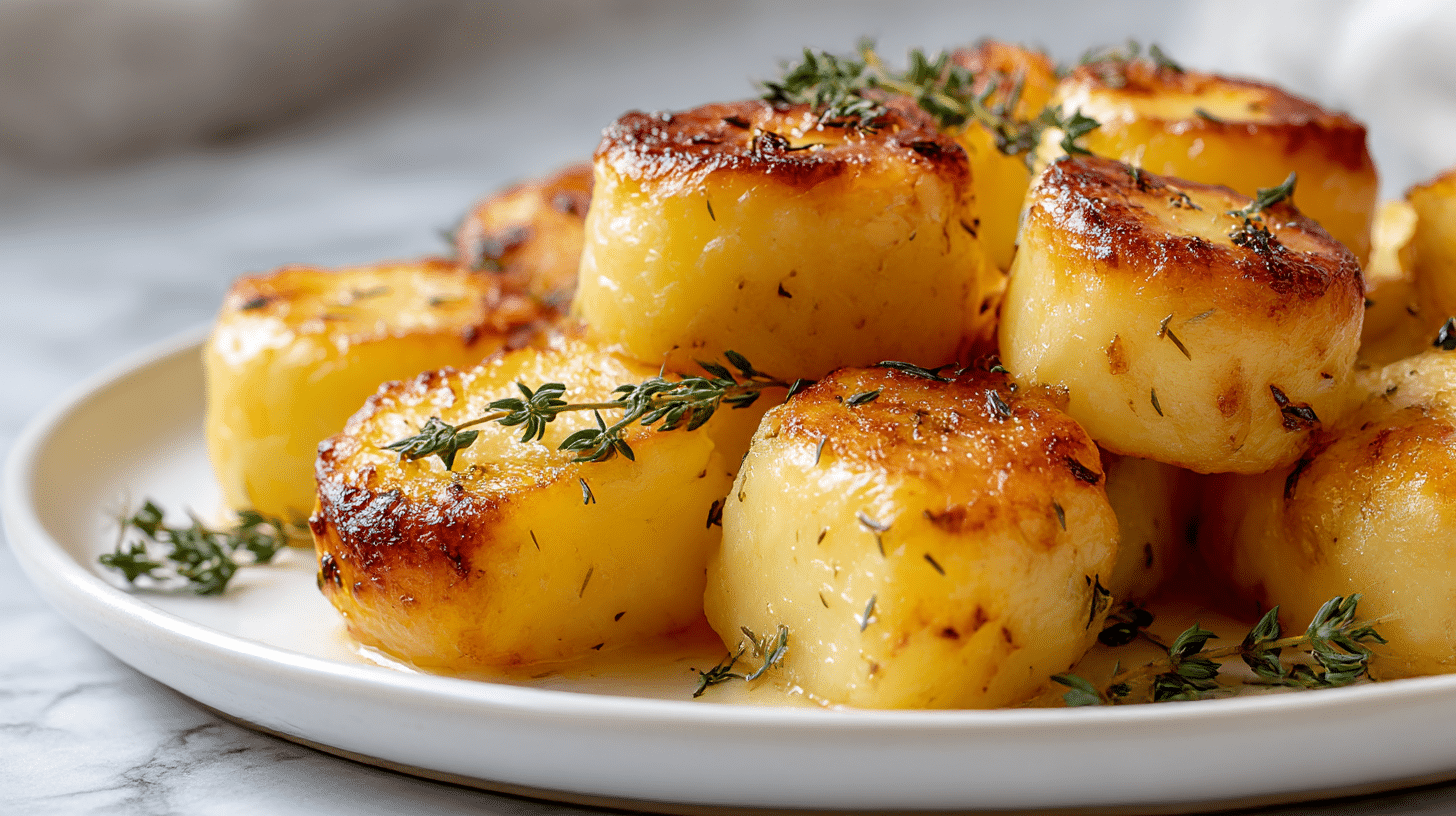 Close-up of gordon ramsay fondant potatoes with a crispy golden exterior.