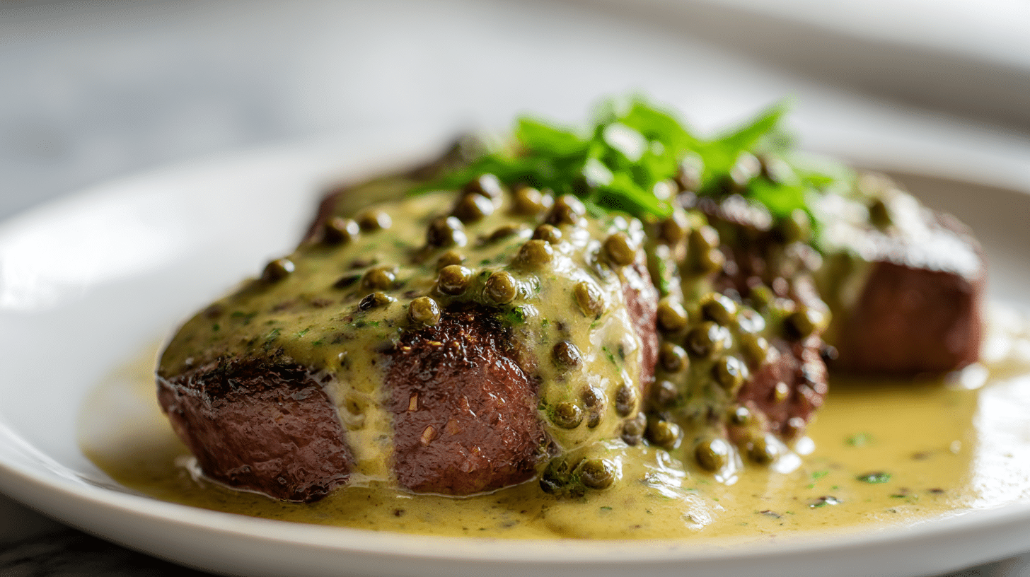 gordon ramsay green peppercorn sauce over a luscious steak
