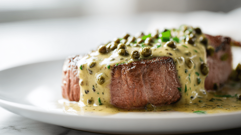 gordon ramsay green peppercorn sauce drizzled over steak