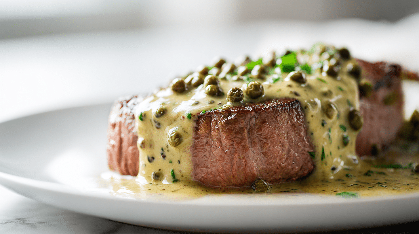 gordon ramsay green peppercorn sauce drizzled over steak