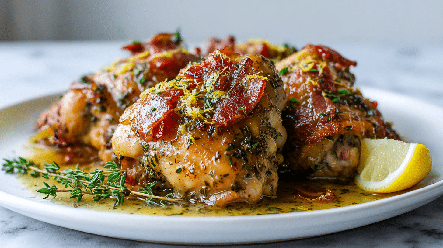 gordon ramsay holiday lemon herb chicken thighs with a crispy bacon gravy, beautifully plated