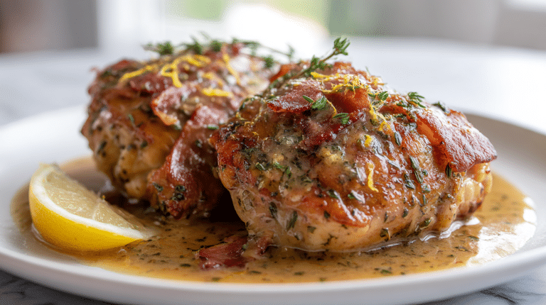 gordon ramsay holiday lemon herb chicken thighs with a crispy bacon gravy served on a white plate