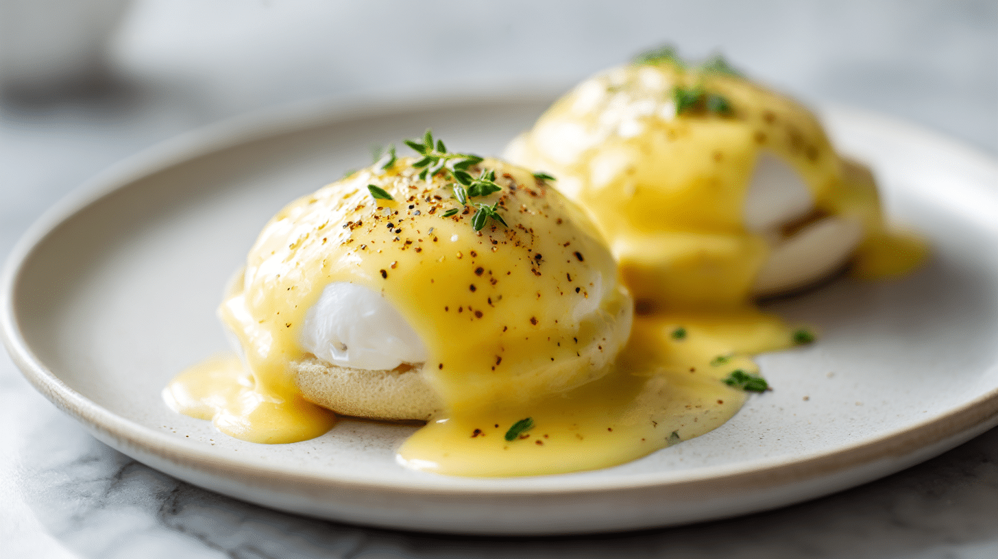 Gordon Ramsay hollandaise sauce poured over eggs on a white plate.