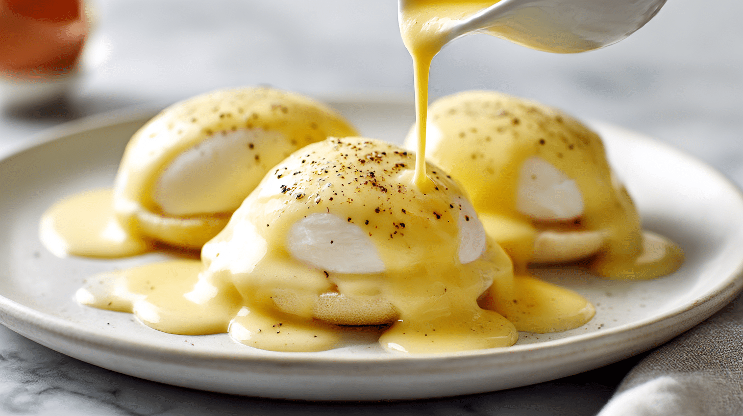 Gordon Ramsay hollandaise sauce elegantly poured over poached eggs.