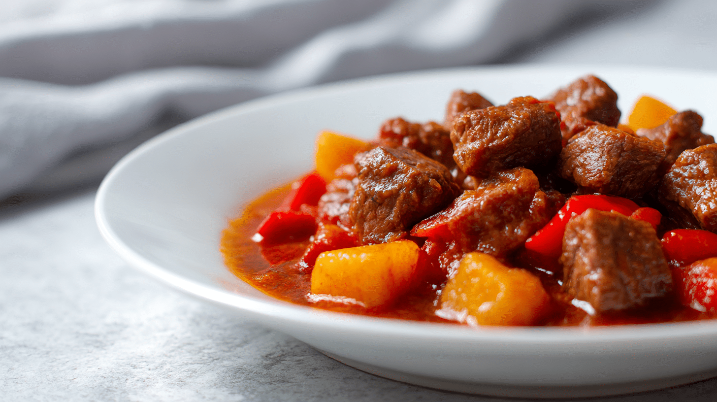 Delicious Gordon Ramsay Hungarian goulash on a grey marble counter
