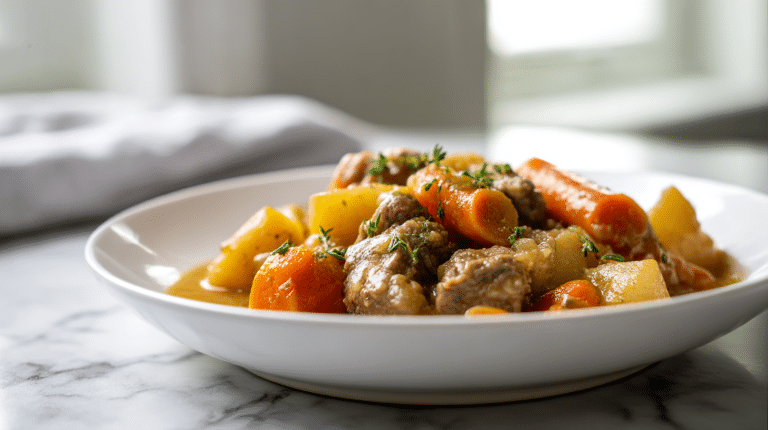 A delicious gordon ramsay irish lamb stew featuring tender lamb, vibrant carrots, and potatoes.