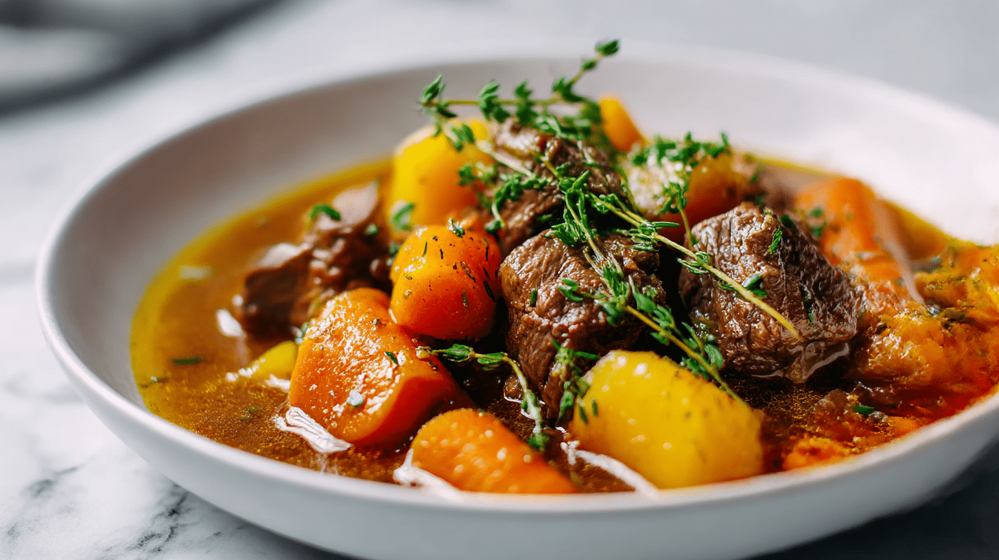 Delicious gordon ramsay lamb stew with tender chunks of lamb and vibrant carrots.