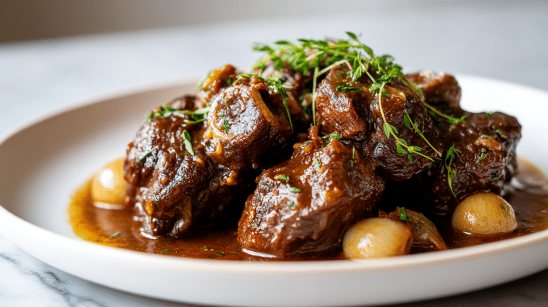Gordon Ramsay oxtail served in a close-up, showcasing tender meat and rich gravy.
