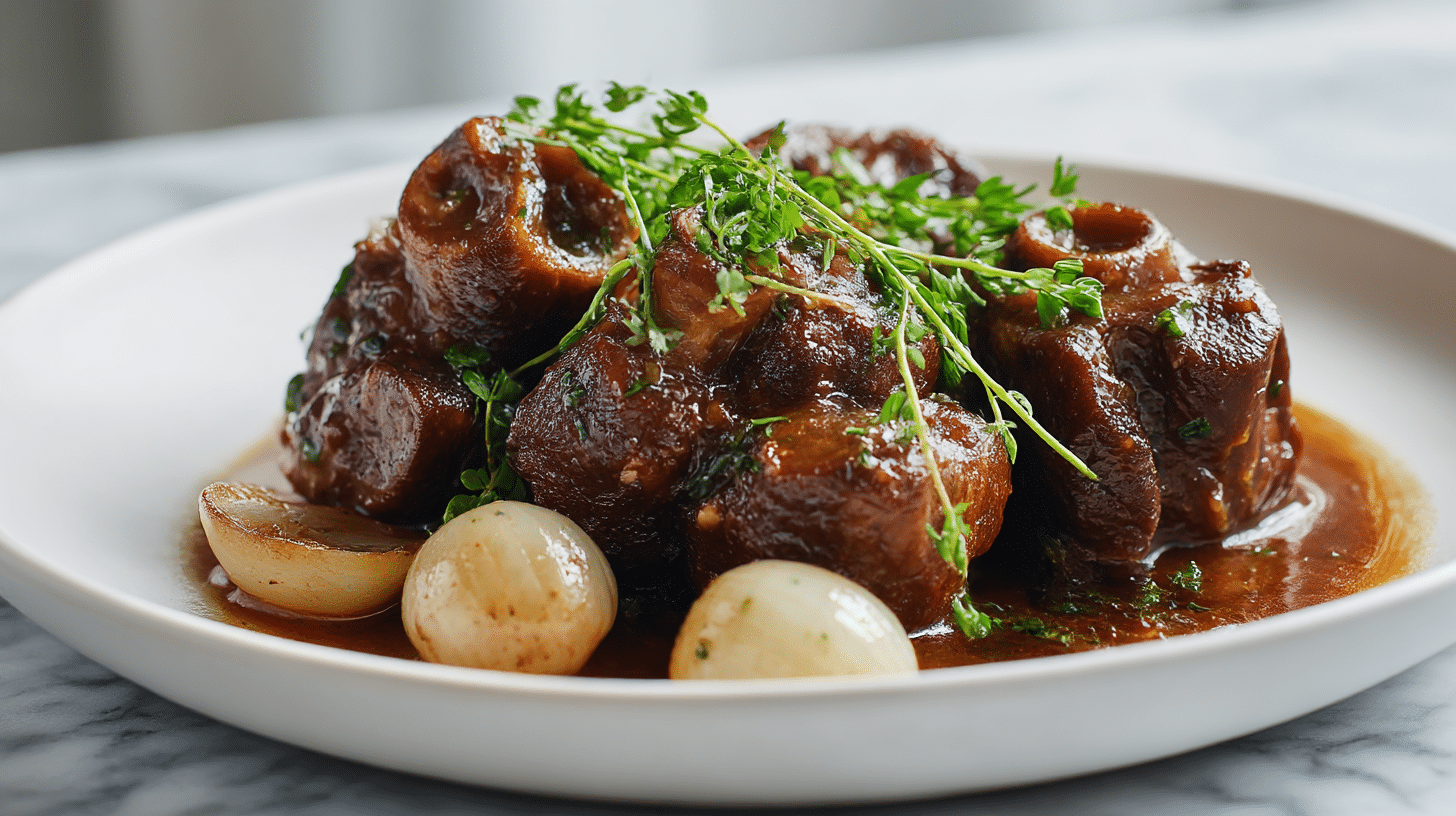 A plate of Gordon Ramsay oxtail featuring tender pieces in rich gravy.