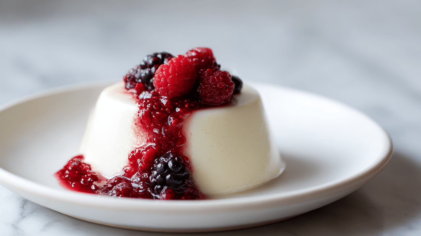 A beautiful gordon ramsay panna cotta topped with berry compote