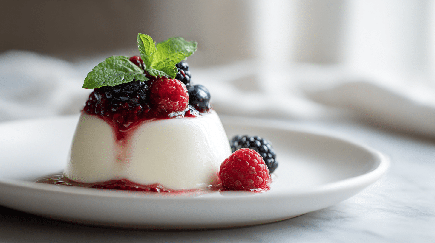 Close-up of gordon ramsay panna cotta with berry compote