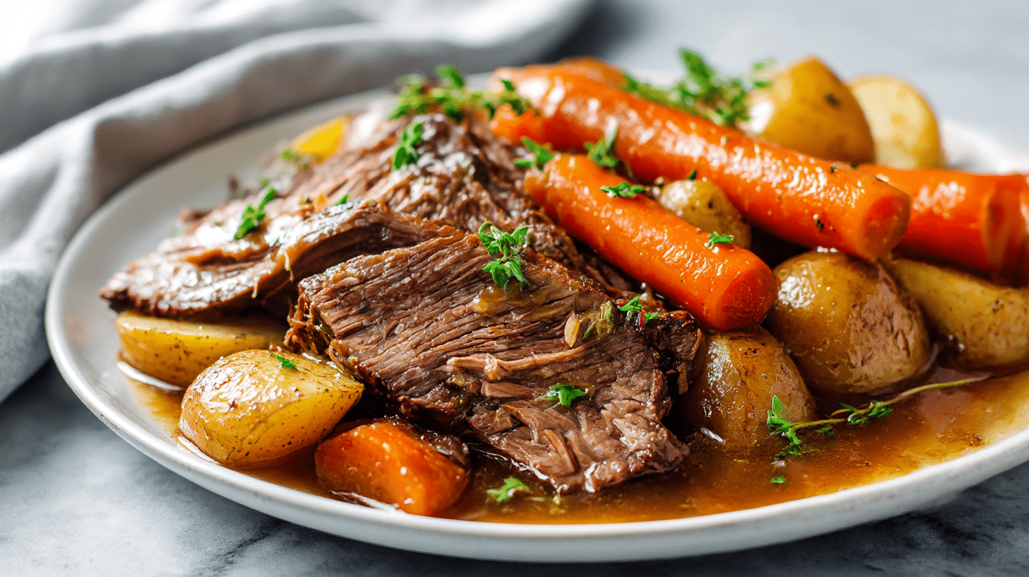 Gordon ramsay pot roast slow cooker served on a white plate with carrots and potatoes.