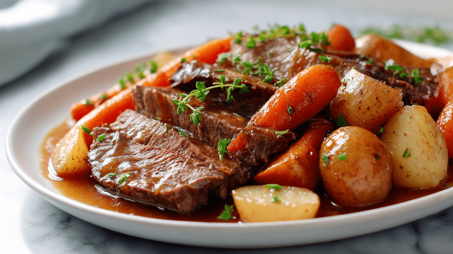 A close-up view of gordon ramsay pot roast slow cooker showcasing tender beef with vegetables.