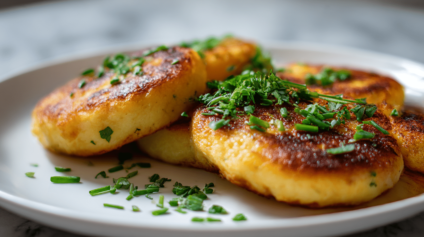 gordon ramsay potato cakes garnished with chives on a white plate