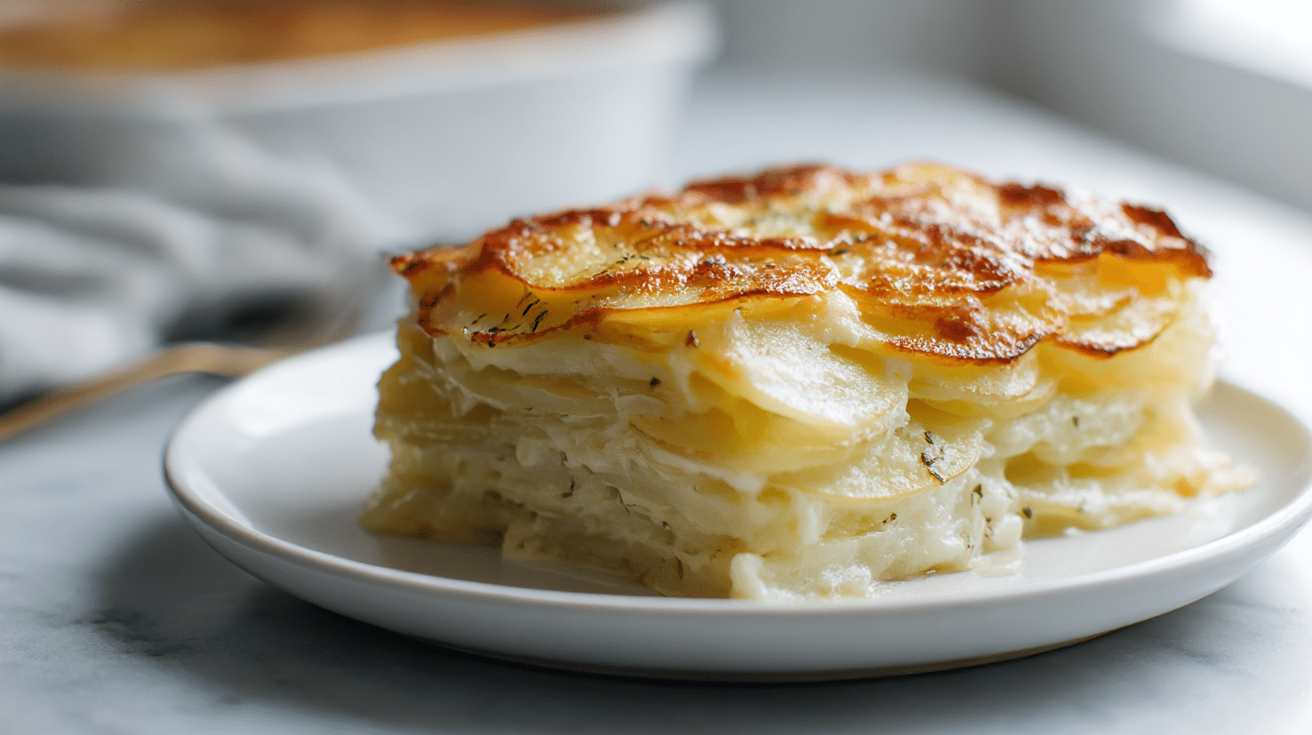 gordon ramsay potato dauphinoise served elegantly on a white plate