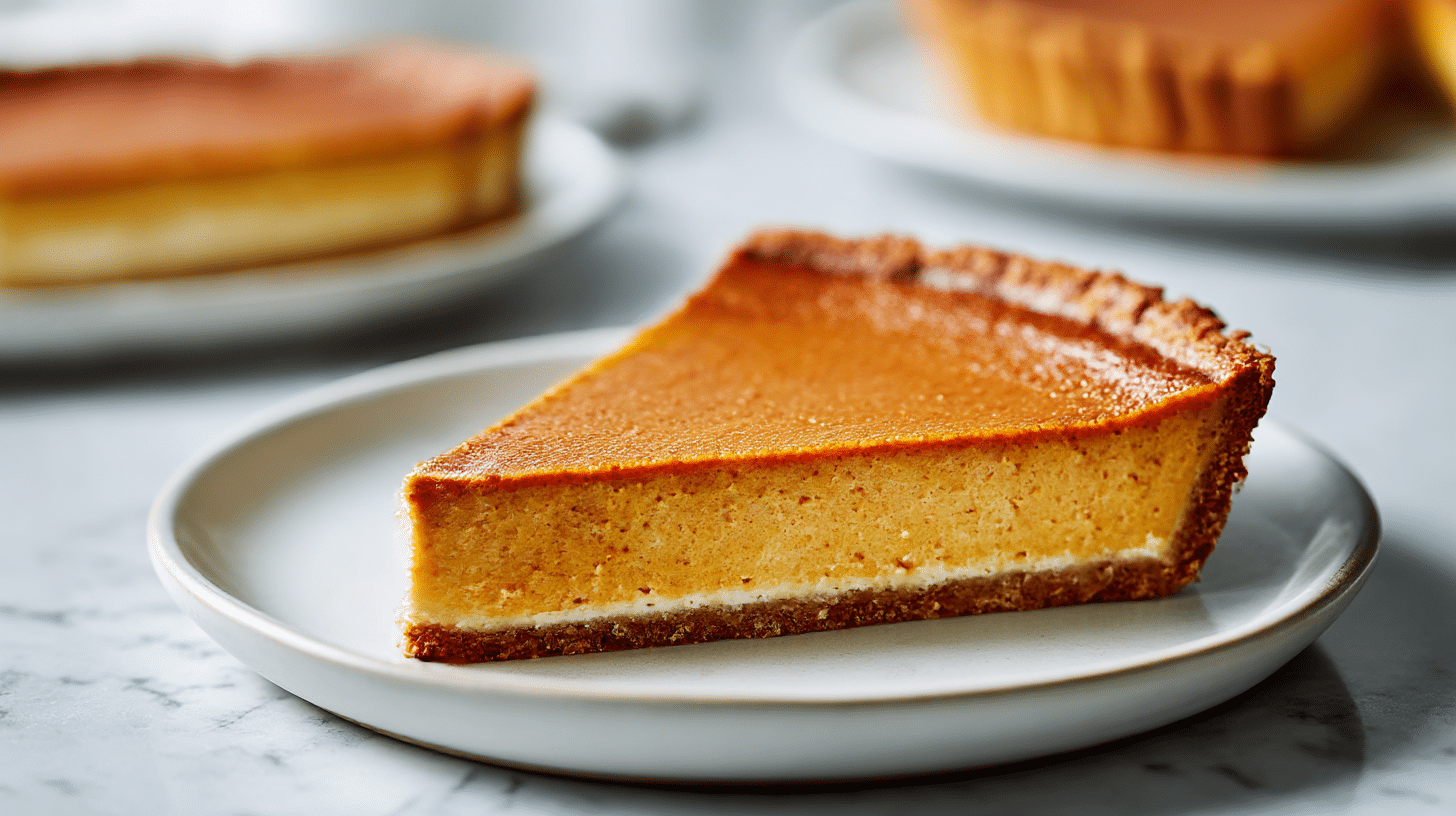 Close-up view of Gordon Ramsay pumpkin pie slice showcasing its rich filling.
