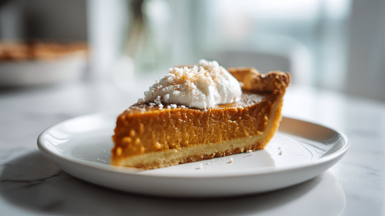 Gordon Ramsay pumpkin pie slice with creamy filling and warm tones.