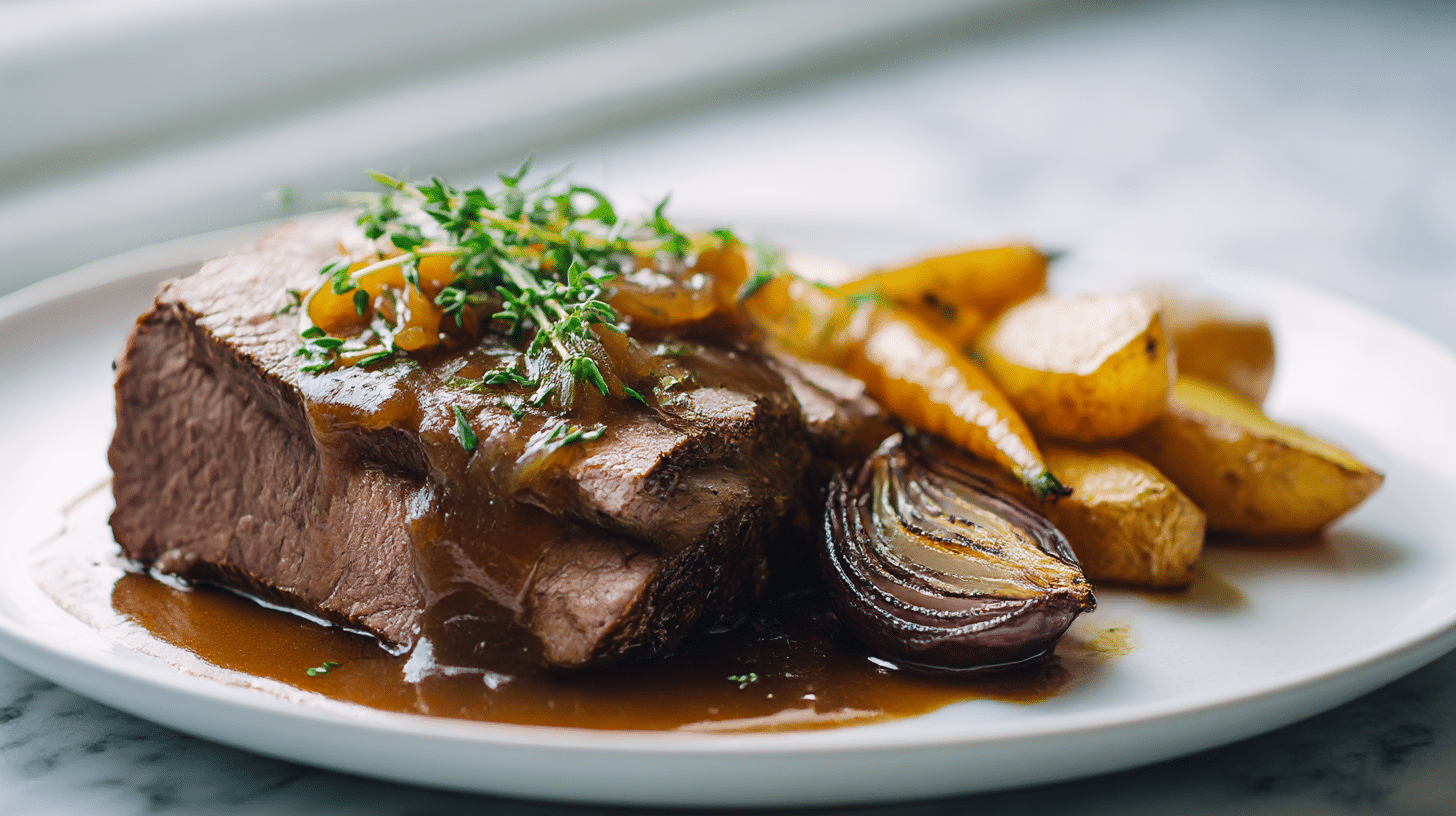 Gordon Ramsay roast beef with caramelised onion gravy on a simple ceramic plate.