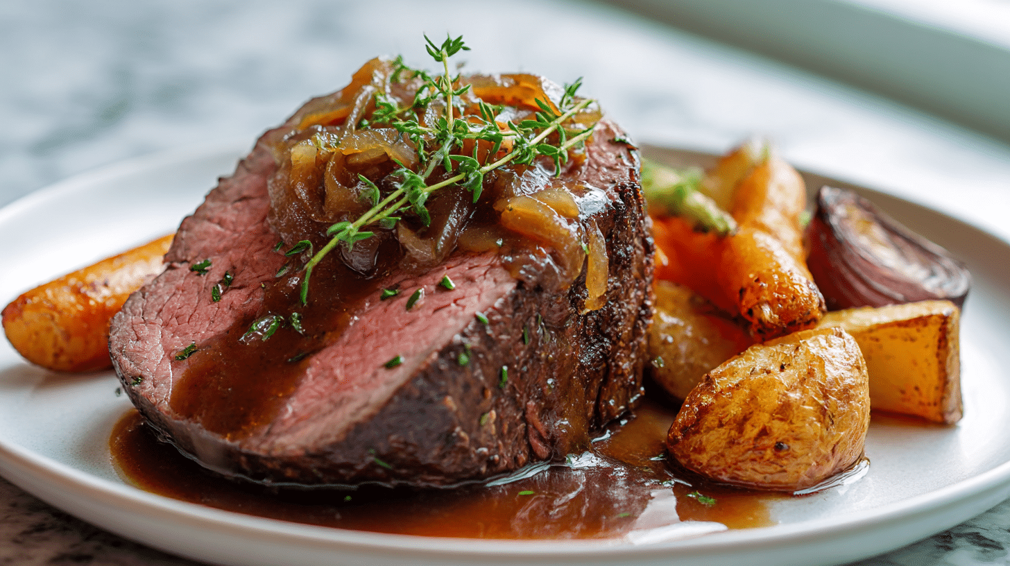 Gordon Ramsay roast beef with caramelised onion gravy served beautifully plated.
