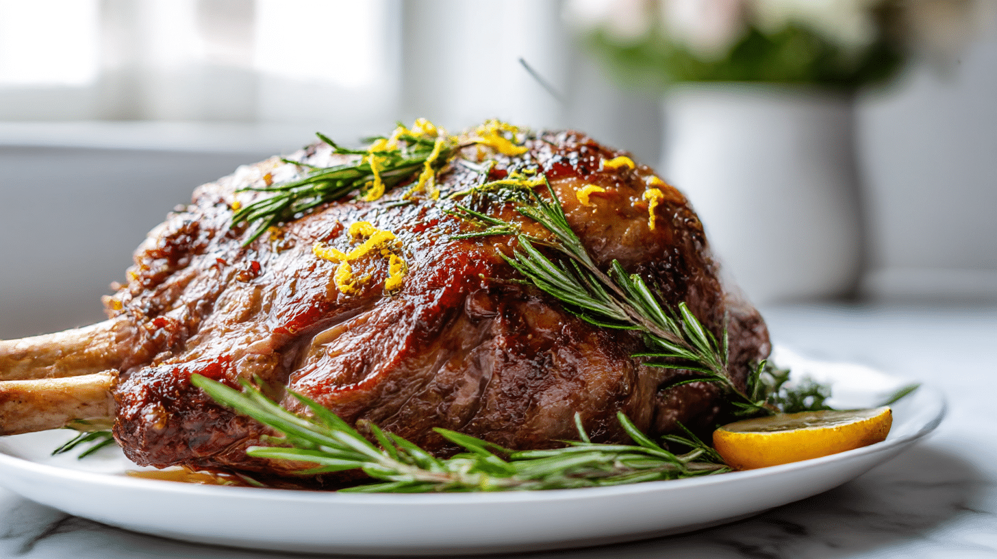 A stunning gordon ramsay roast leg of lamb, beautifully plated with rosemary and lemon zest.