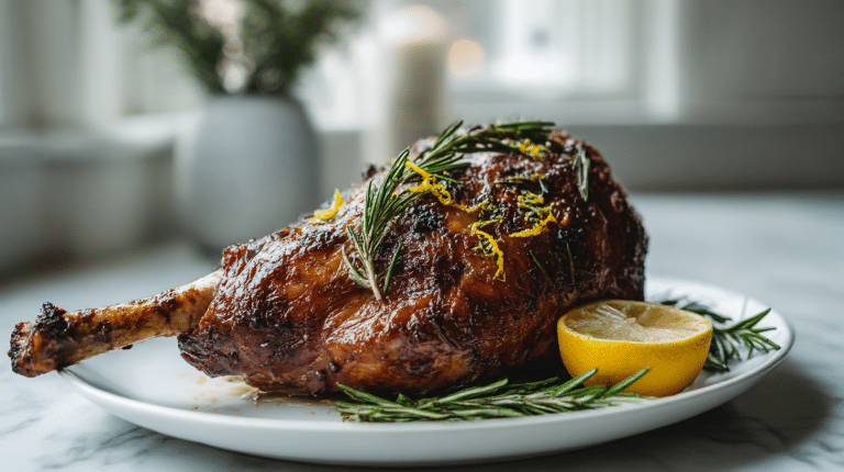 A beautifully cooked leg of lamb garnished with fresh rosemary and lemon zest, showcasing gordon ramsay roast leg of lamb.