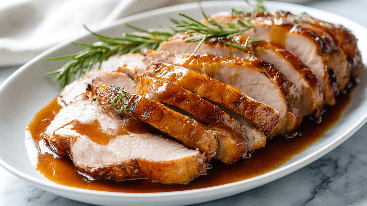 gordon ramsay roast pork loin elegantly drizzled with sauce and herbs