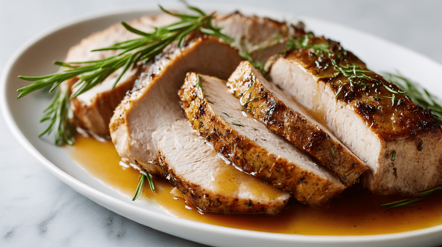 gordon ramsay roast pork loin beautifully sliced and garnished with rosemary