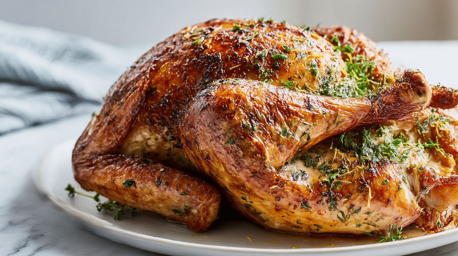 gordon ramsay roast turkey with lemon parsley garlic on a grey marble counter