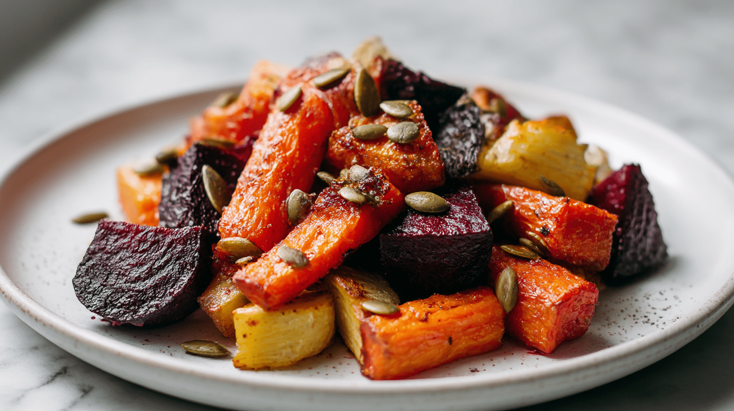 Enjoy these gordon ramsay roasted root vegetables with crushed pepitas, beautifully presented.