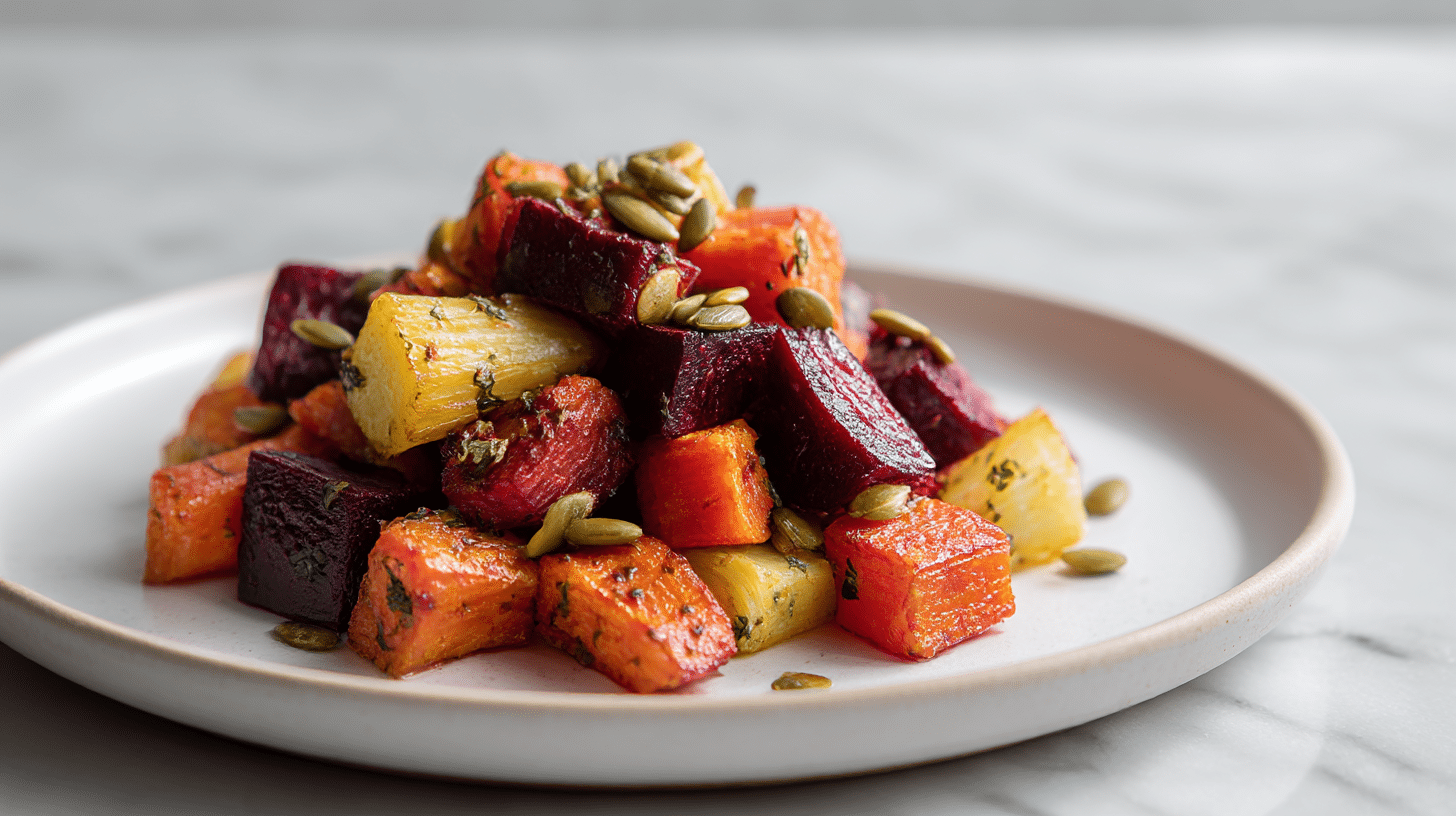 A beautiful plate of gordon ramsay roasted root vegetables with crushed pepitas.